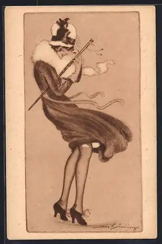 Künstler-AK Max Brüning: Stürmisch, Windstoss hebt den Rock einer Dame empor