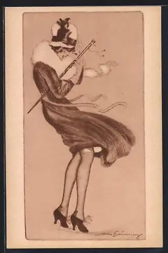 Künstler-AK Max Brüning: Stürmisch, Windstoss hebt den Rock einer Dame empor
