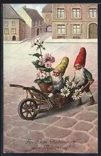 Künstler-AK C. Öhler: Zwerge bringen Blumenrüsse zum Geburtstag