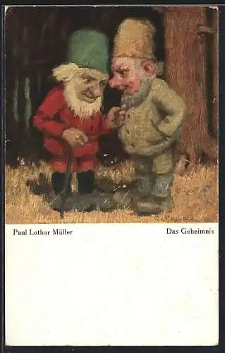 Künstler-AK Paul Lothar Müller: Das Geheimnis, zwei betagte Zwerge im Gespräch