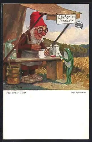 Künstler-AK Paul Lothar Müller: Apotheker-Zwerg verkauft an einen Frosch