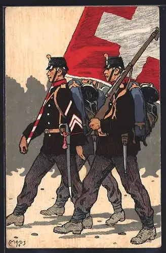 Künstler-AK Carl Moos: Grenzbesetzung 1914, Fahnenträger