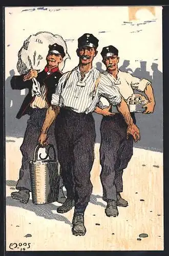 Künstler-AK Carl Moos: schweizerische Grenzbesetzung 1914, Soldaten tragen Lebensmittel