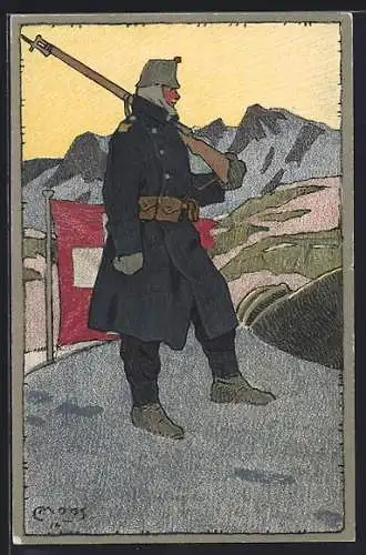 Künstler-AK Carl Moos: Schweizer Soldat in Uniform mit Gewehr