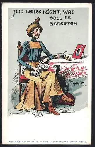 Künstler-AK F. Gareis: Dame mit Briefen blickt auf Portrait ihres Mannes