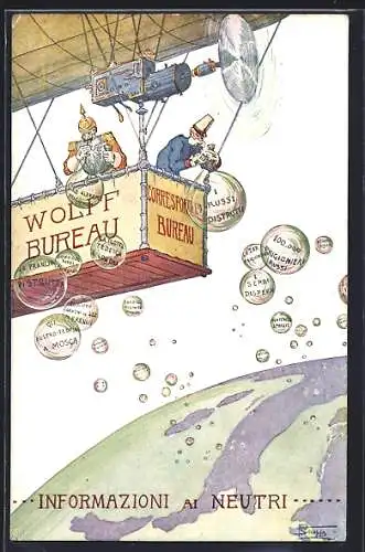 AK Propaganda Entente, Kaiser Franz Josef I. von Österreich im Zeppelin Seifenblasen auf die Erde fallen lassend