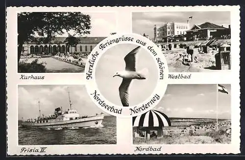 AK Norderney, Nord- und Westbad, Kurhaus und Passagiersschiff Frisia IV