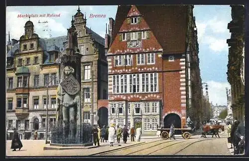 AK Bremen, Marktplatz mit Roland und Pferdefuhrwerk