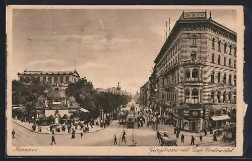 AK Hannover, Strassenbahnen in der Georgstrasse mit Cafe Continental