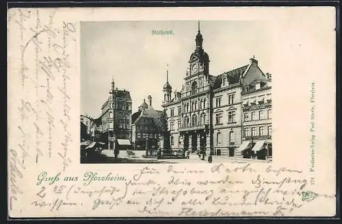 AK Pforzheim, Rathaus mit Schuhwarenhaus Spier und Denkmal