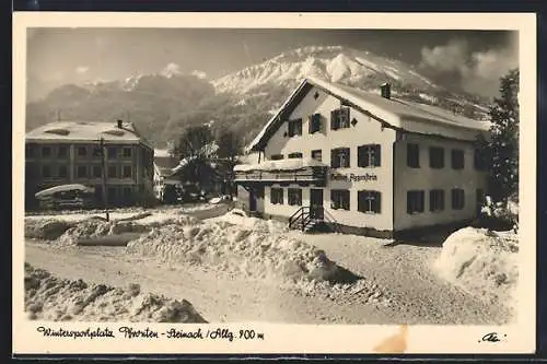AK Pfronten-Steinach /Allgäu, Gasthof Aggenstein im Schnee mit Bergpanorama, Bes. Xaver Babel