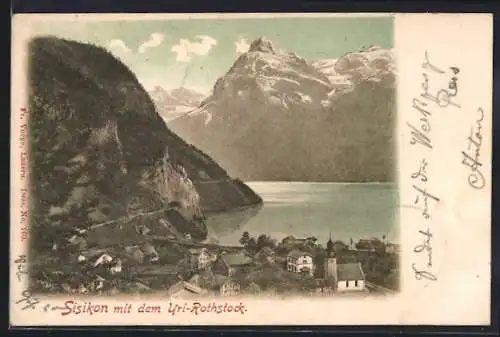 AK Sisikon, Teilansicht mit Kirche und dem Uri-Rotstock