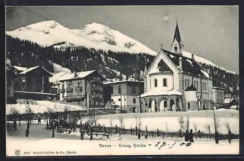 AK Davos, Evangelische Kirche im Schnee