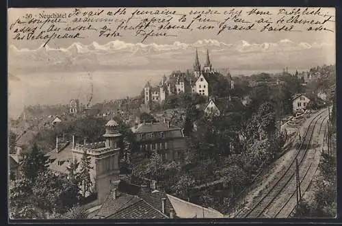 AK Neuchâtel, Panorama mit Schloss und Bahngleich