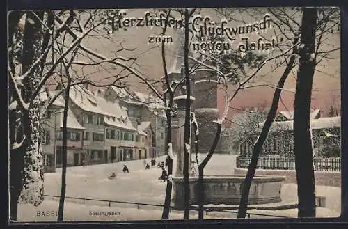 AK Basel, Spalengraben mit Geschäft und Brunnen im Winter, Neujahrsgruss