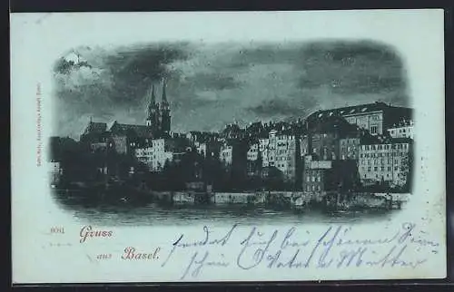 Mondschein-AK Basel, Uferpartie mit Kirche