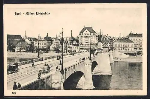 AK Basel, Mittlere Rheinbrücke mit Strassenbahn