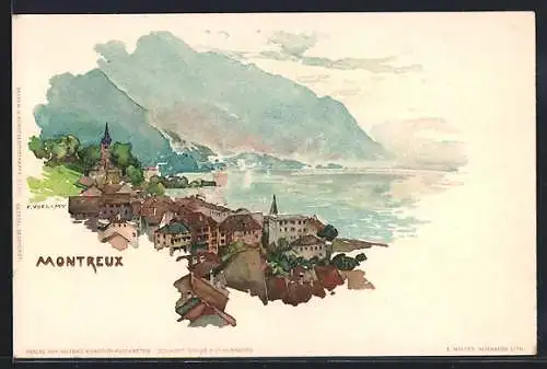 Künstler-AK Fritz Voellmy: Montreux, Teilansicht mit Kirchturm, Dampfer
