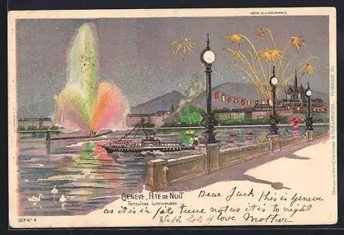 Lithographie Genève, Fête du Nuit, Fontaines lumineuses