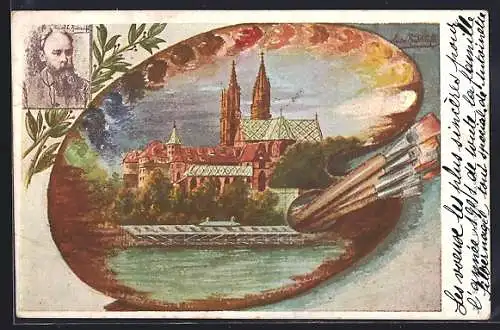 Lithographie Basel, Kirche in Farbpalette, Männerportrait