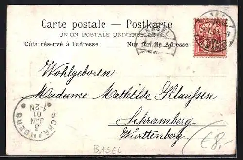 Lithographie Basel, Kirche in Farbpalette, Männerportrait