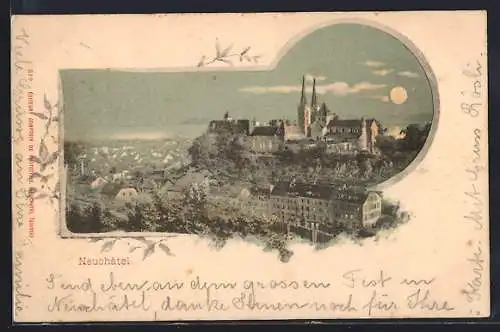AK Neuchâtel, Teilansicht mit Kirche bei Mondschein