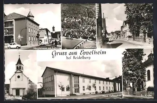 AK Eppelheim bei Heidelberg, Haupstrasse mit Rathaus, Kath. Kirche Neue Volksschule