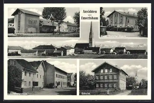 AK Emertsham, Gem. Kanzlei-Haus, Schule, Teilansicht mit Kirche