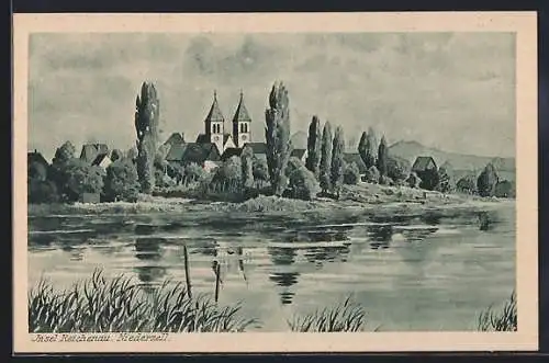 Künstler-AK Niederzell /Insel Reichenau, Uferpartie mit Kirche