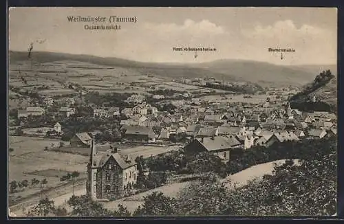 AK Weilmünster /Taunus, Gesamtansicht mit Nass. Volkssanatorium und Blumenmühle