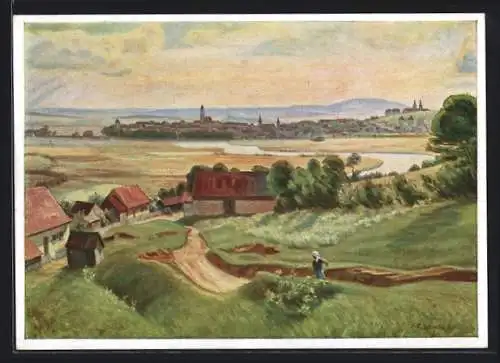 Künstler-AK Cham, Teilansicht von Altenstadt aus gesehen