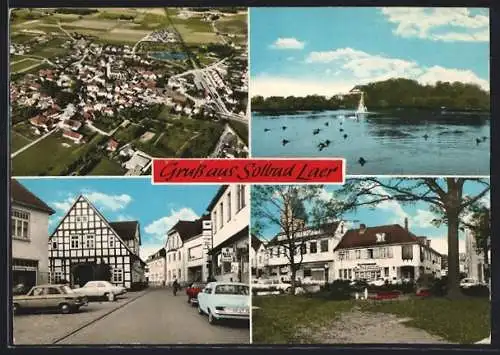 AK Laer, Strassenpartie mit Geschäften, Ortspartie mit Geschäft, Teilansicht, Fliegeraufnahme