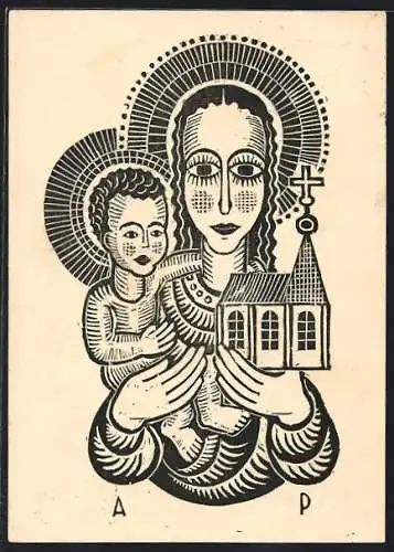 Künstler-AK Kohlhof /Neunkirchen, Maria mit Jesuskind und Kirche
