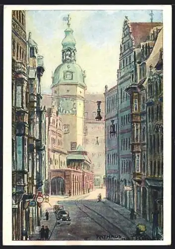 Künstler-AK Leipzig, Katharinenstrasse mit Geschäften