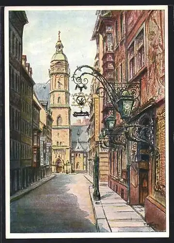 Künstler-AK Leipzig, Hotel Thüringer Hof in der Burgstrasse