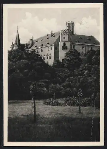 AK Püchau b. Wurzen, Schloss Püchau, Feierabendheim des Kreises Grimma i. Sa., Ansicht vom Park aus