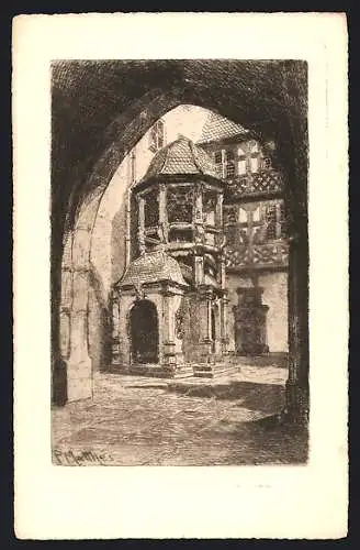 Künstler-AK Alt-Frankfurt, Römerhof mit Wendeltreppe