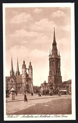 AK Halle a. S., Marktkirche und Roter Turm am Marktplatz