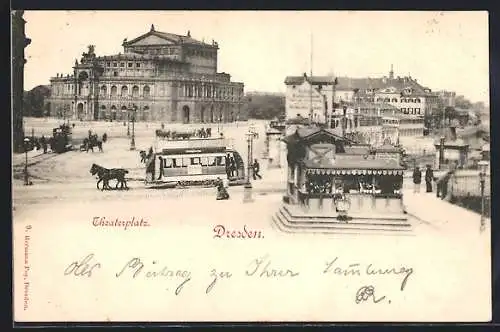 AK Dresden, Theaterplatz mit Pferdebahn und Trinkhalle