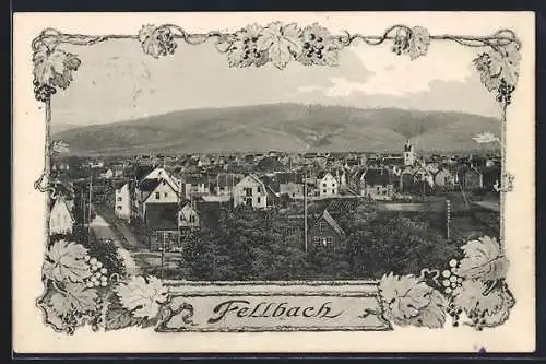 AK Fellbach, Ortsansicht im Passepartout mit Weinblättern