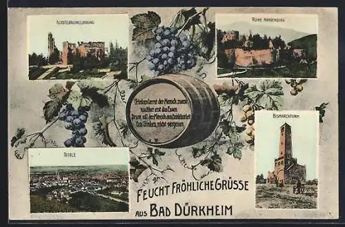 AK Bad Dürkheim, Klosterruine Limburg, Ruine Hardenburg, Bismarckturm, Weinreben
