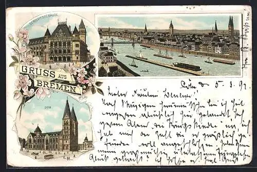 Lithographie Bremen, Gerichtsgebäude, Dom, Hafen im Passepartout