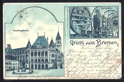 Lithographie Bremen, Gerichtsgebäude, Rathskeller im Passepartout