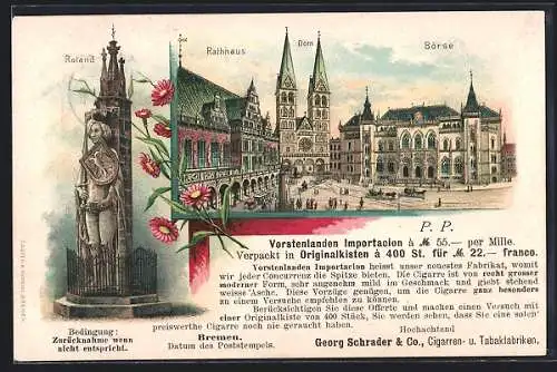 Lithographie Bremen, Roland, Rathaus, Dom und Börse