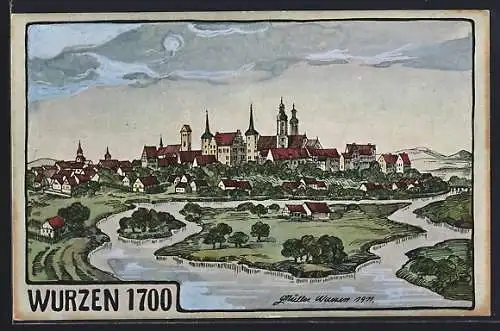 Künstler-AK Wurzen, Ortsansicht um 1700 nach Merian