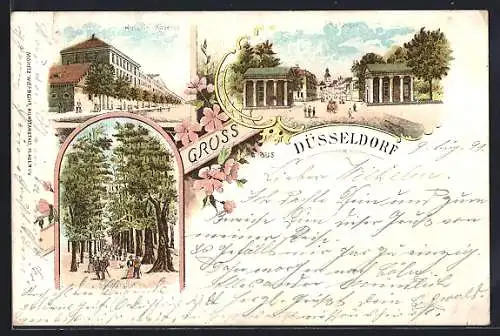 Lithographie Düsseldorf, Husaren-Kaserne, Ratinger Thor u. Seufzerallee