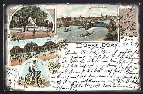 Lithographie Düsseldorf, Neue Rheinbrücke, Krieger-Denkmal, Bahnhof