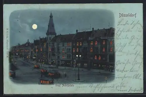 Mondschein-AK Düsseldorf, Graf Adolfplatz mit Strassenbahn bei Nacht