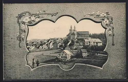 AK Walldürn, Ortsansicht mit Kirche im Passepartout