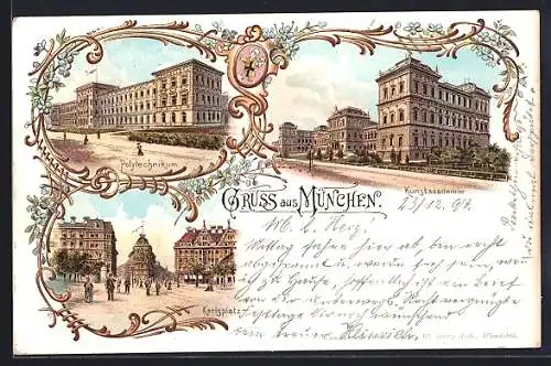 Lithographie München, Polytechnikum, Kunstakademie, Karlsplatz im Passepartout